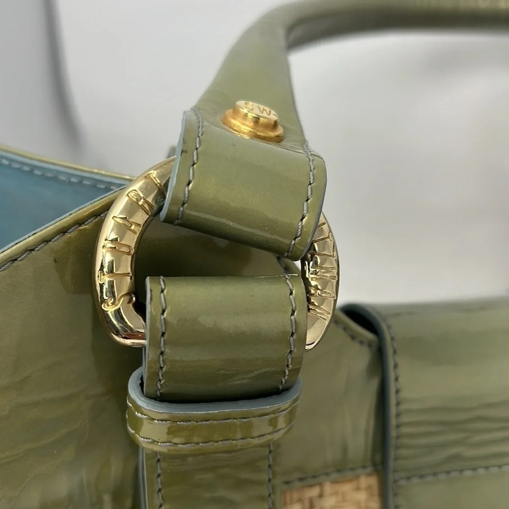Stuart Weitzman Patent Leather and Raffia Woven Satchel w/ crossbody strap